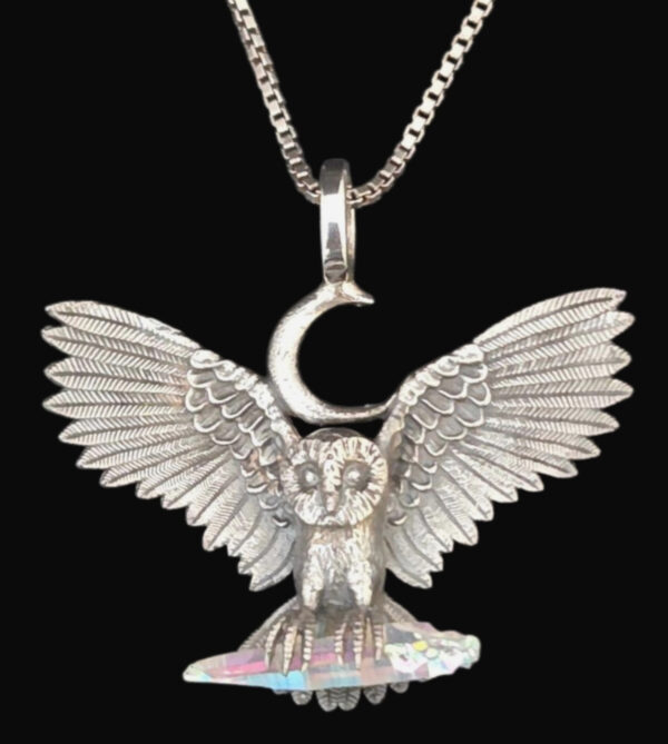 aqua aura crystal and owl with moon necklace