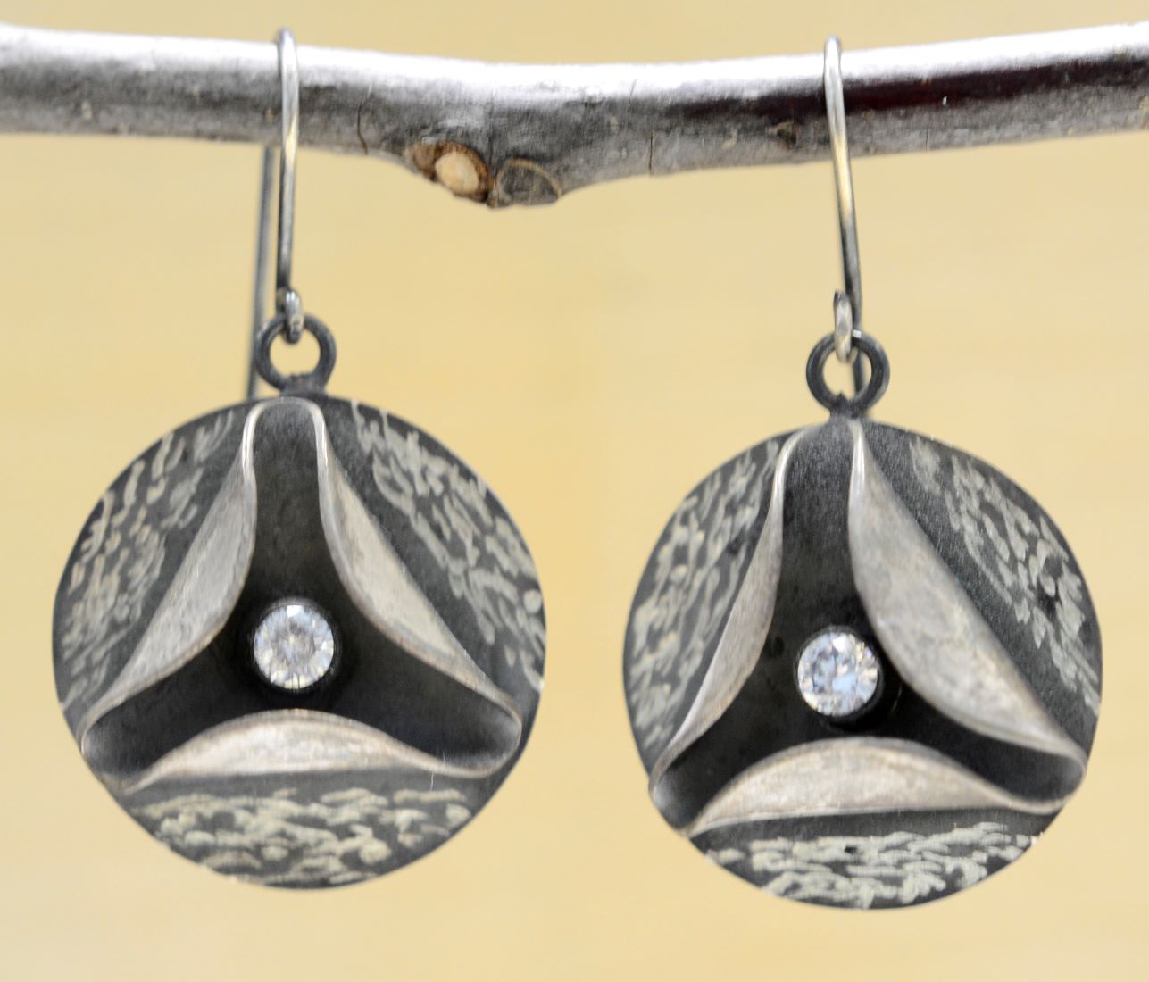 Handmade white cubic zirconia and oxidized sterling silver earrings