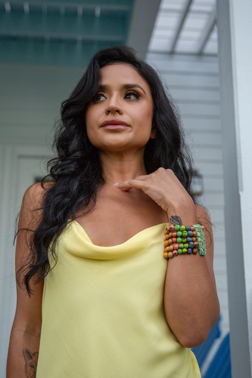 pastel statement bracelet on model