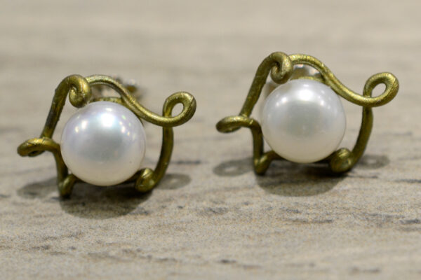 handmade Pea Pod pearl and bronze Michael Michaud earrings