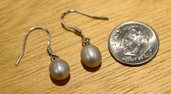 gray pearl drop earrings with dime