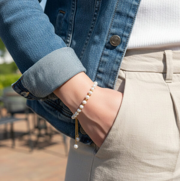 gold-plated sterling silver bead and fresh water pearl bracelet on model