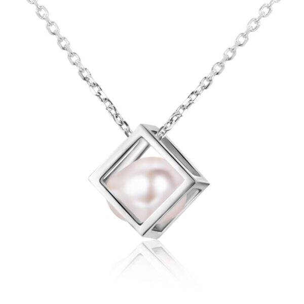 Fresh water pearl in sterling silver cube necklace