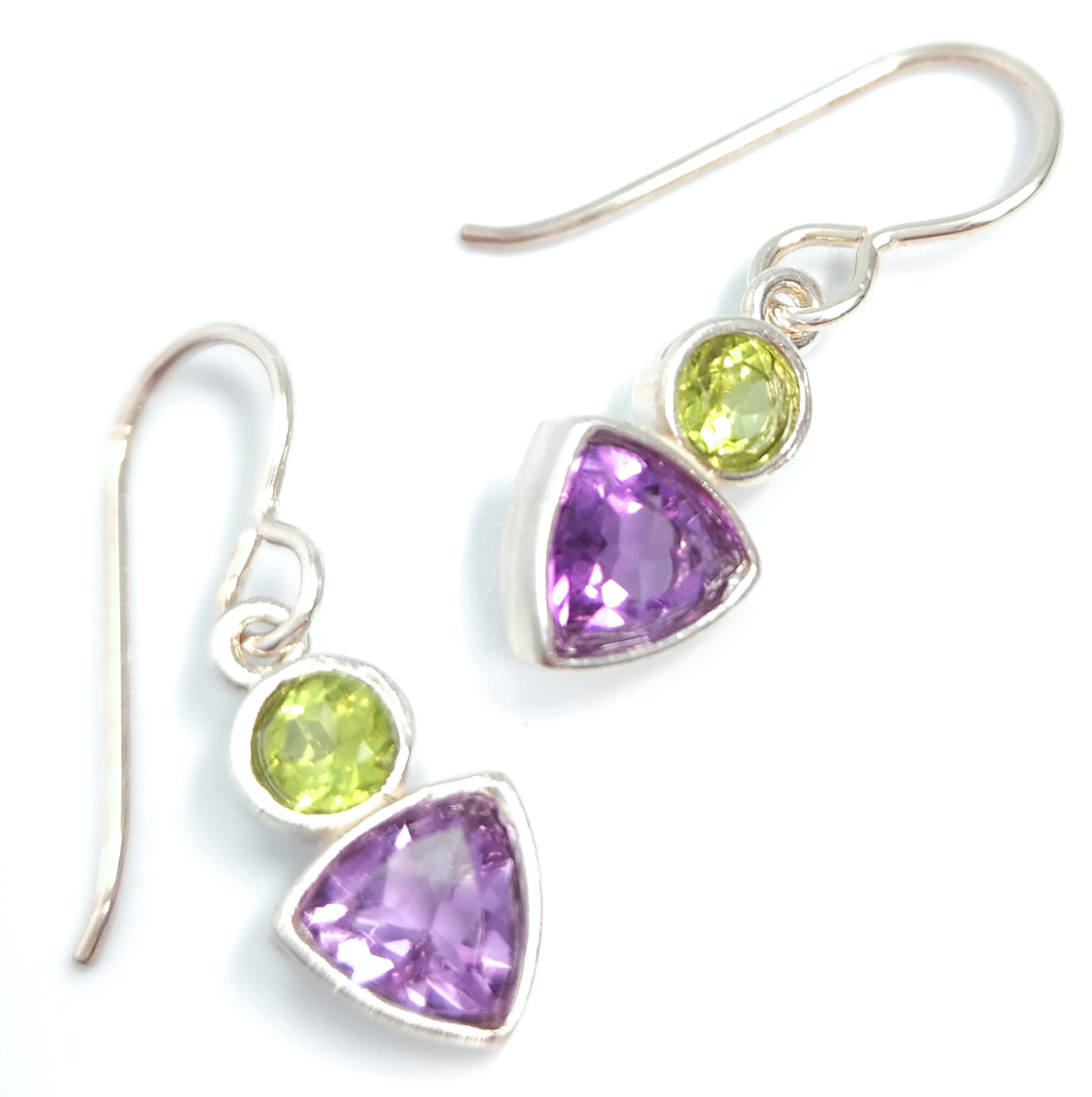 green peridot and purple amethyst earrings handmade by Sonoma Art Works