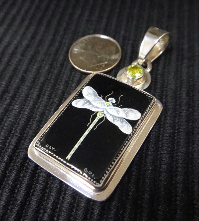 Russian hand painted dragonfly on black onyx on green peridot, sterling silver pendant with dime for size