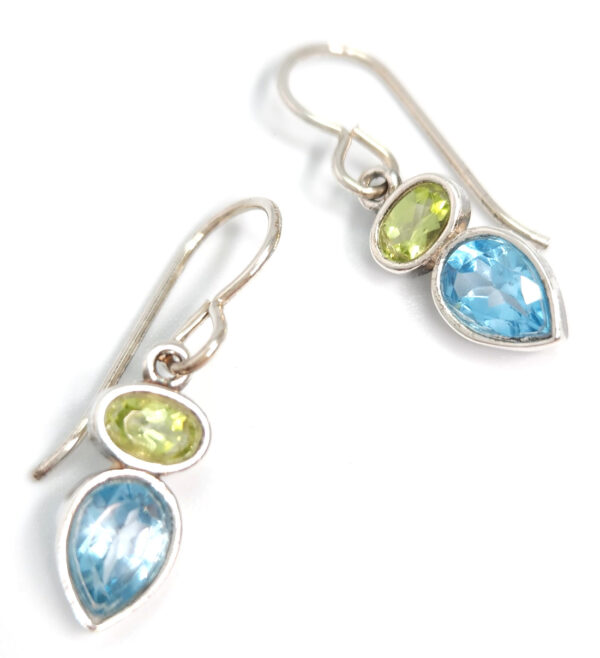 Bright green peridot and blue topaz gemstone earrings in sterling silver