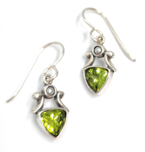 peridot, tiny gray pearl, and sterling silver earrings