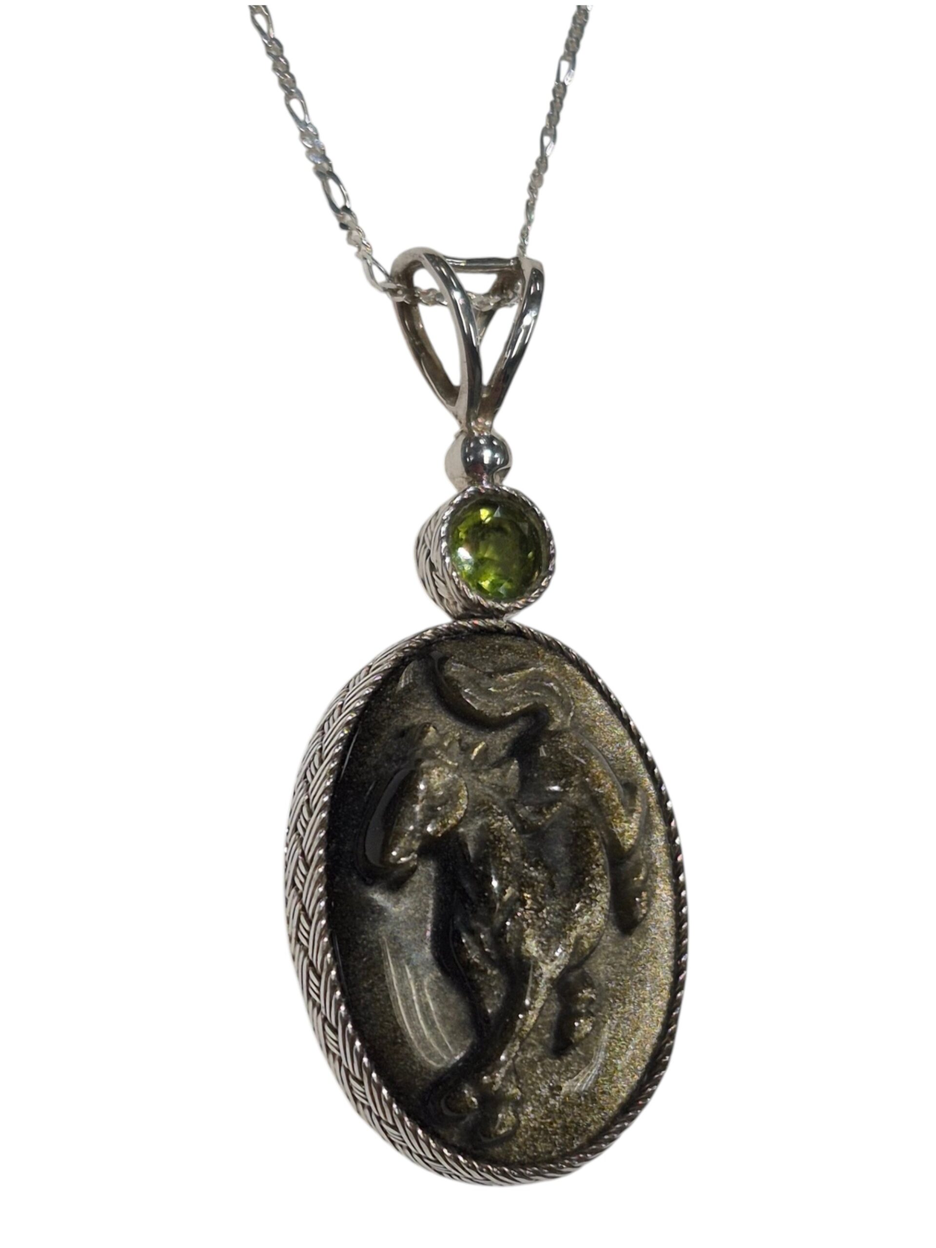 sheen obsidian and peridot running horse necklace