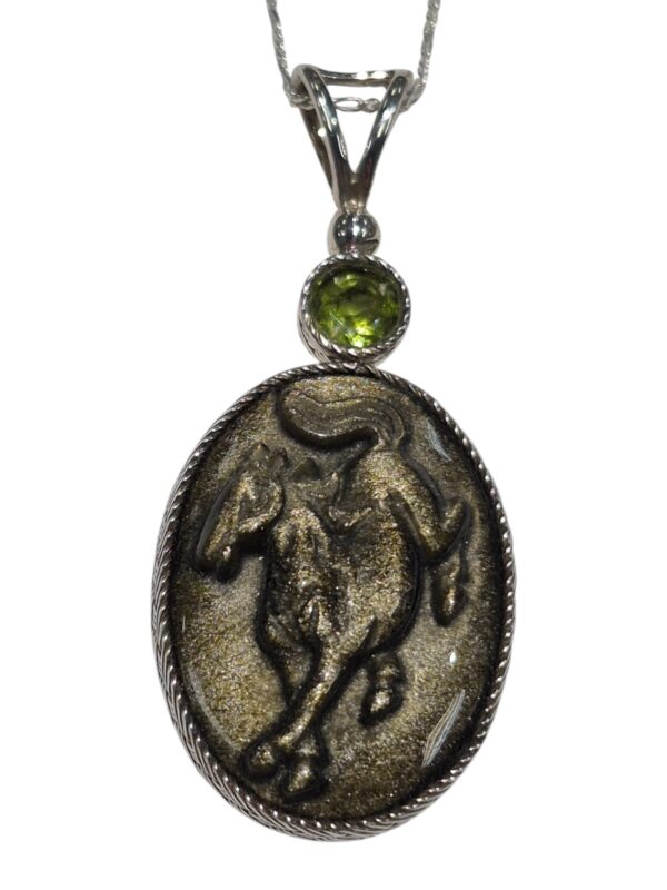 sheen obsidian and peridot running horse necklace