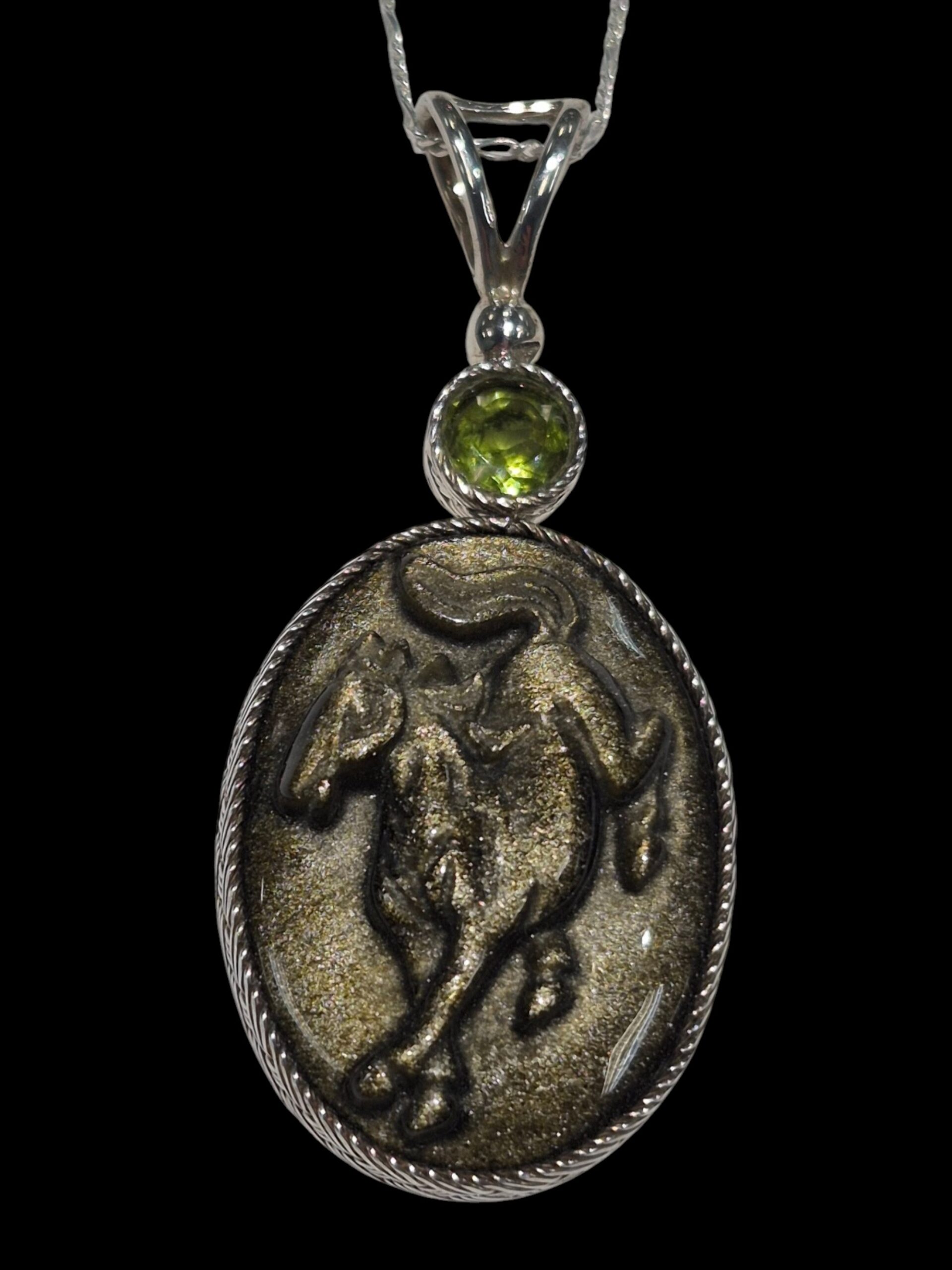 sheen obsidian and peridot running horse necklace
