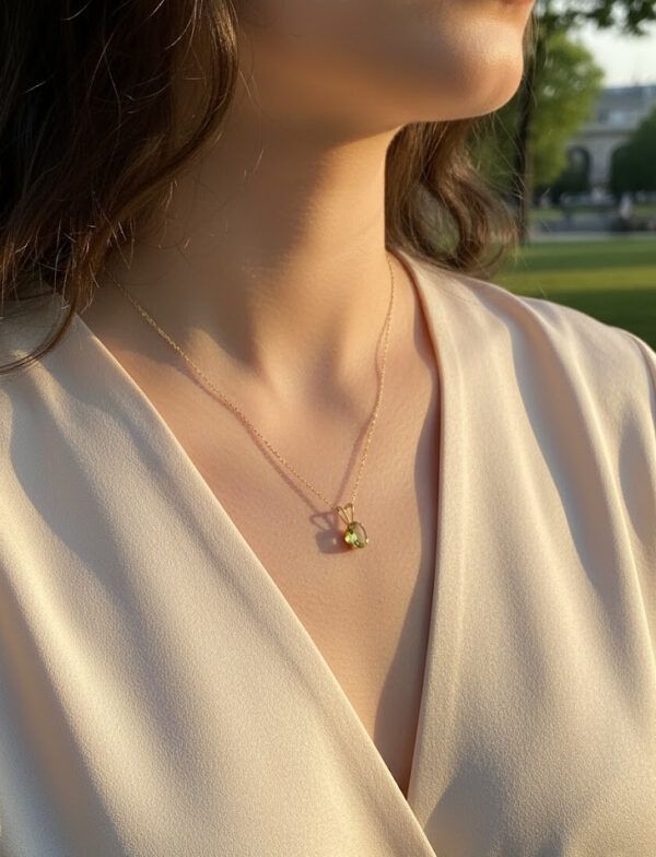 peridot necklace on woman