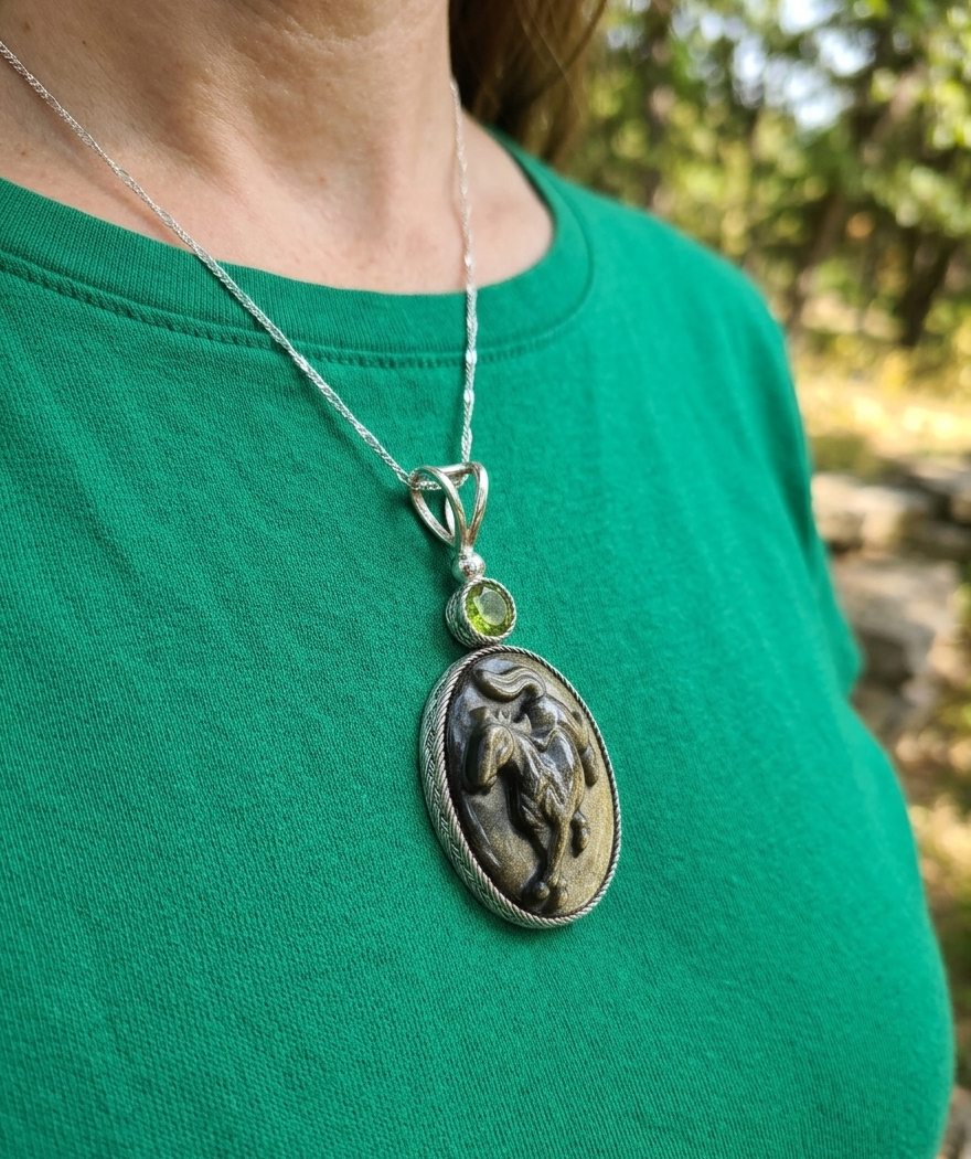 Running horse necklace on model