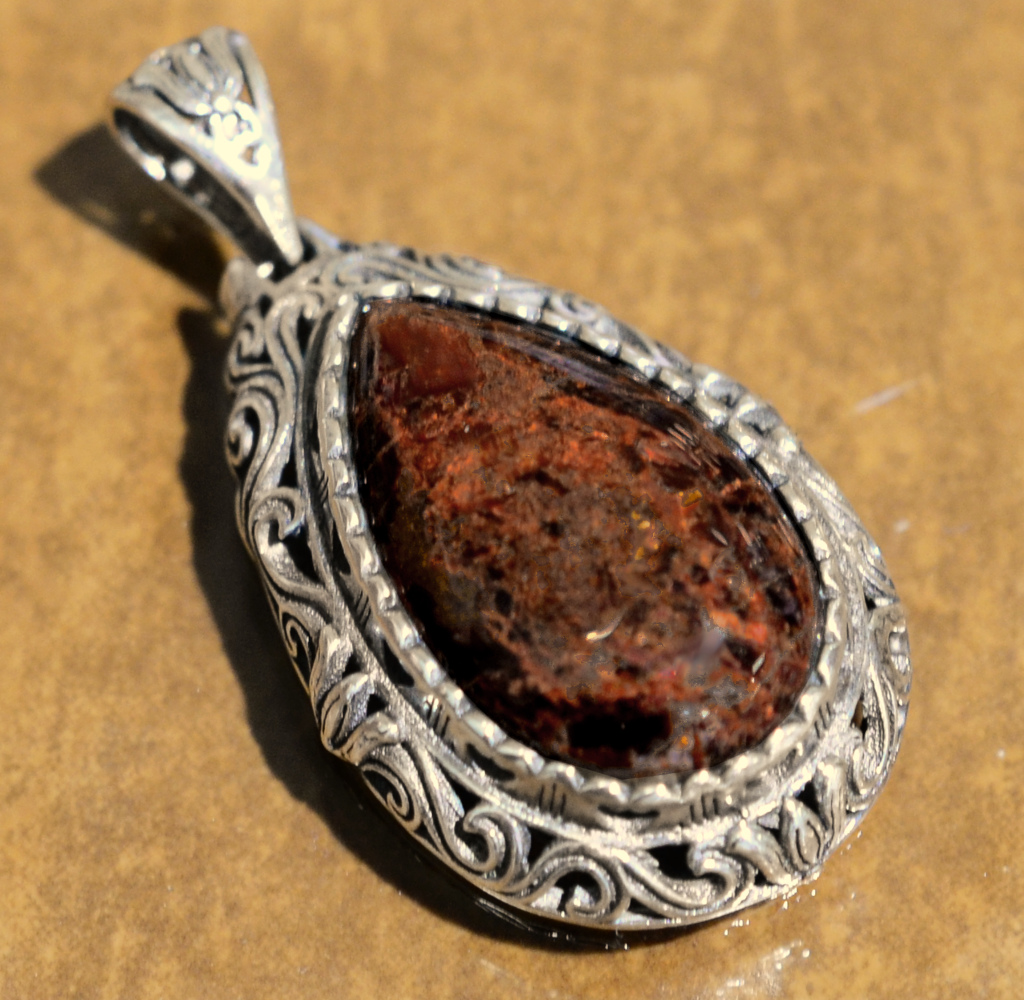 handmade Pietersite and sterling silver drop pendant with silverwork