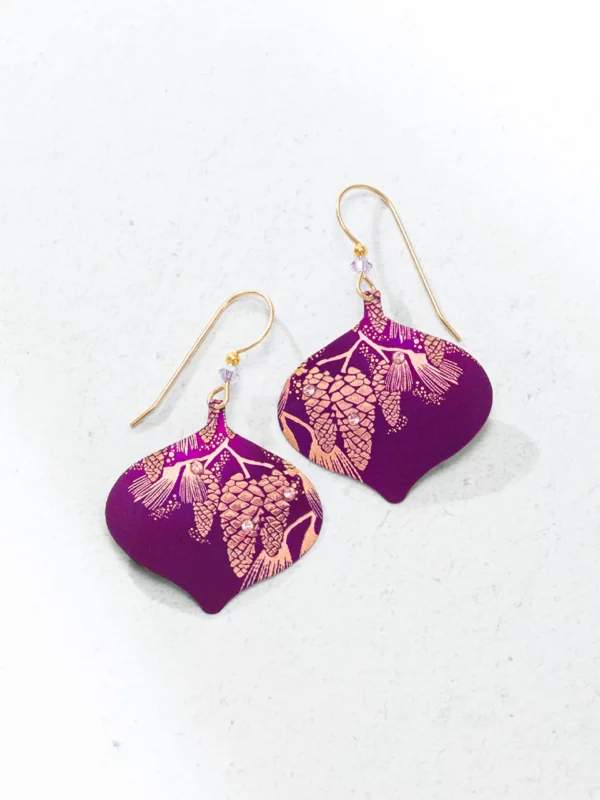 Christmas ornament shaped purple pinecone earrings by jewelry designer Holly Yashi