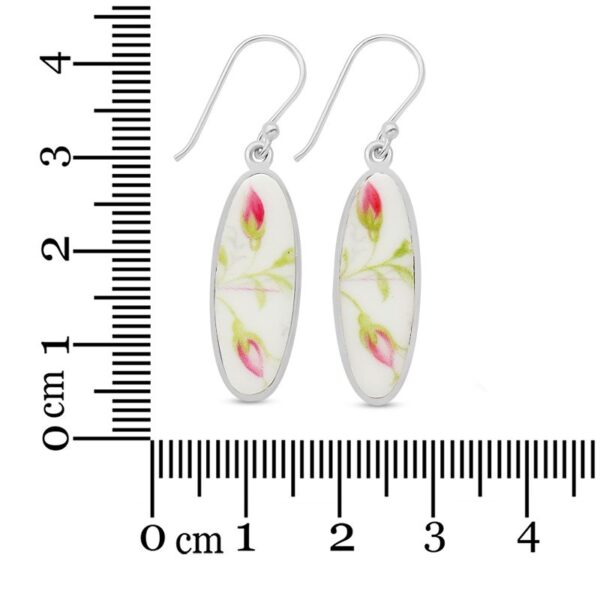 Pink double rosebud earrings made from reporposed porcelain dishes and sterling silver with ruler
