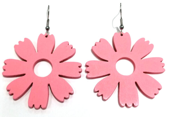 large pink wooden flower earrings with stainless steel earwires