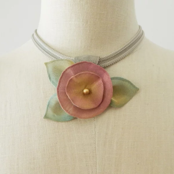 Pink and orange pansy flower necklace