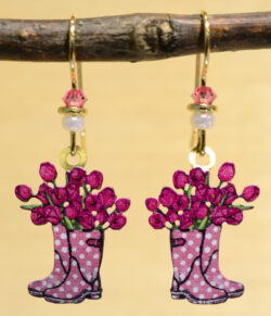 pink rain boots with pink flowers earrings