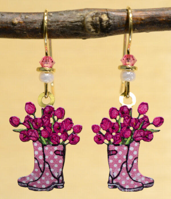 pink rain boots with pink flowers earrings