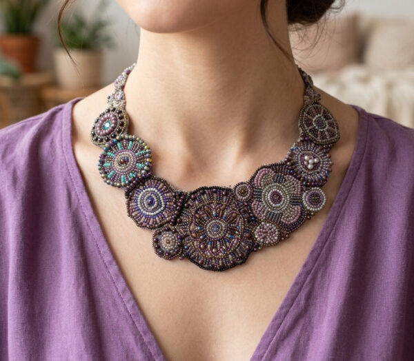 purple statement necklace on model