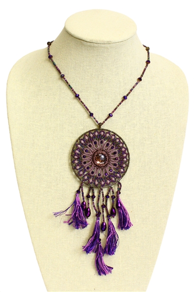 Handmade czech glass beaded purple dreamcatcher necklace