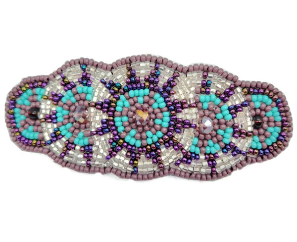 beaded barrette in purple, light blue, and silvertone
