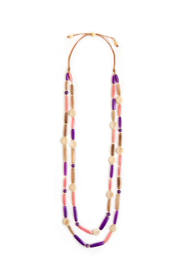 2-strand long pink, purple, and tan tagua nut necklace