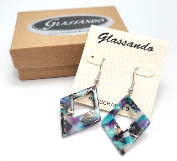 Purple, teal, and black resin and stainless steel earrings