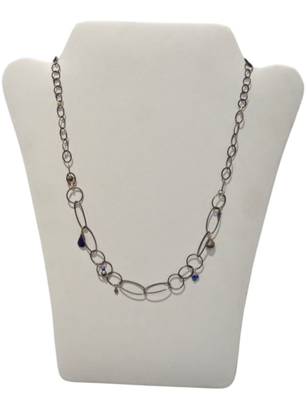 pyrite and lapis lazuli oxidized silver and 14K gold-fill necklace