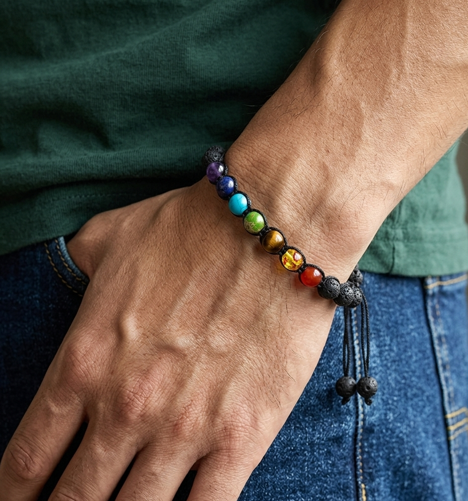 rainbow chakra bracelet on model