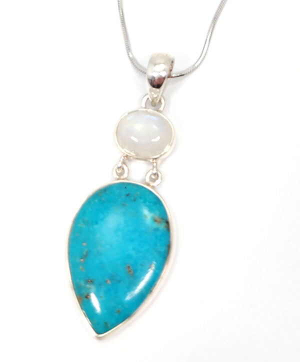 Rainbow Moonstone, Turquoise, and sterling silver pendant on 18 inch chain