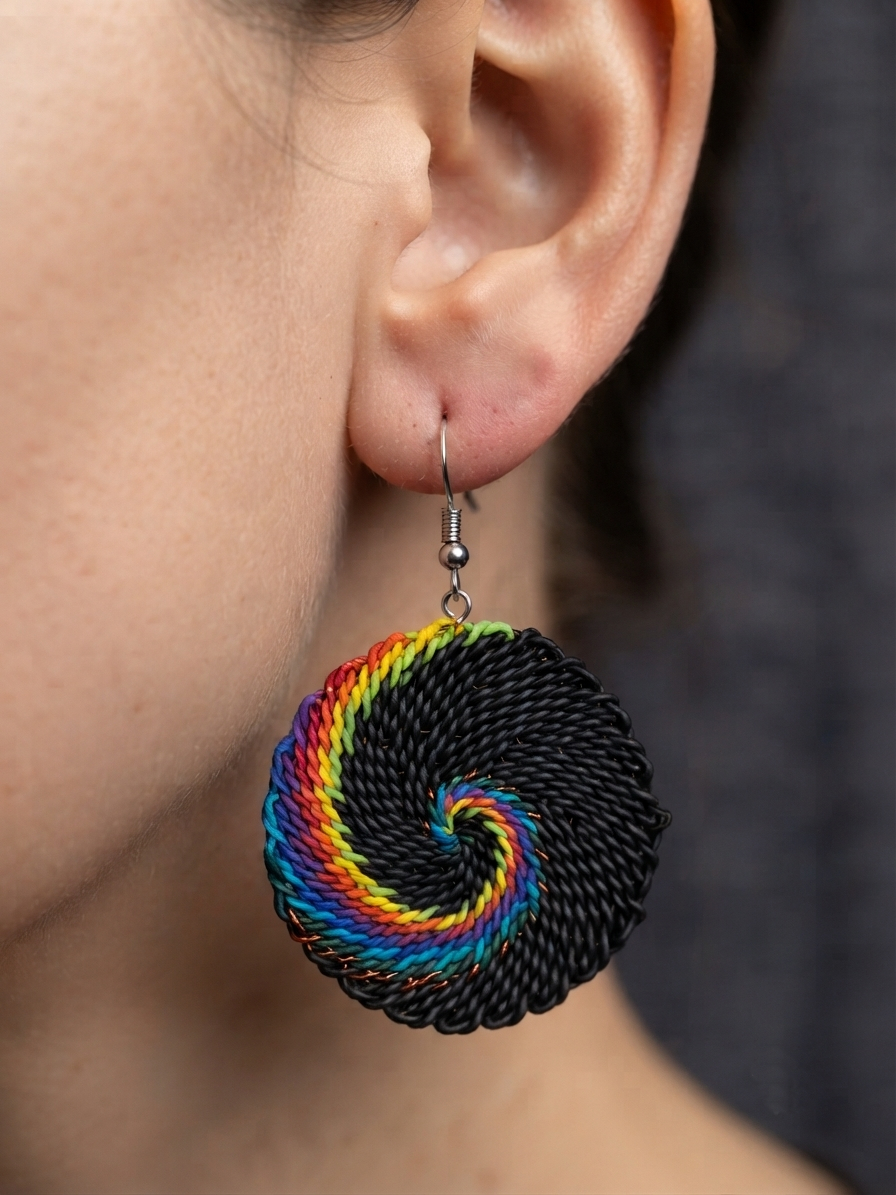 multicolor repurposed telephone wire earrings on model