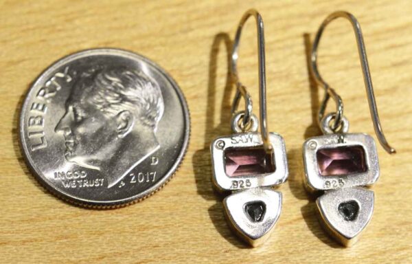 Back view of Amethyst, blue topaz, and sterling silver handmade earrings, shown with dime (not included) for size comparison