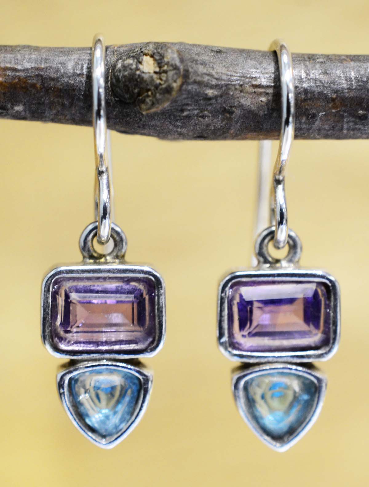 Amethyst, blue topaz, and sterling silver handmade earrings