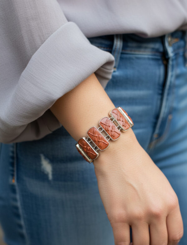 red agate dragonfly bracelet on model