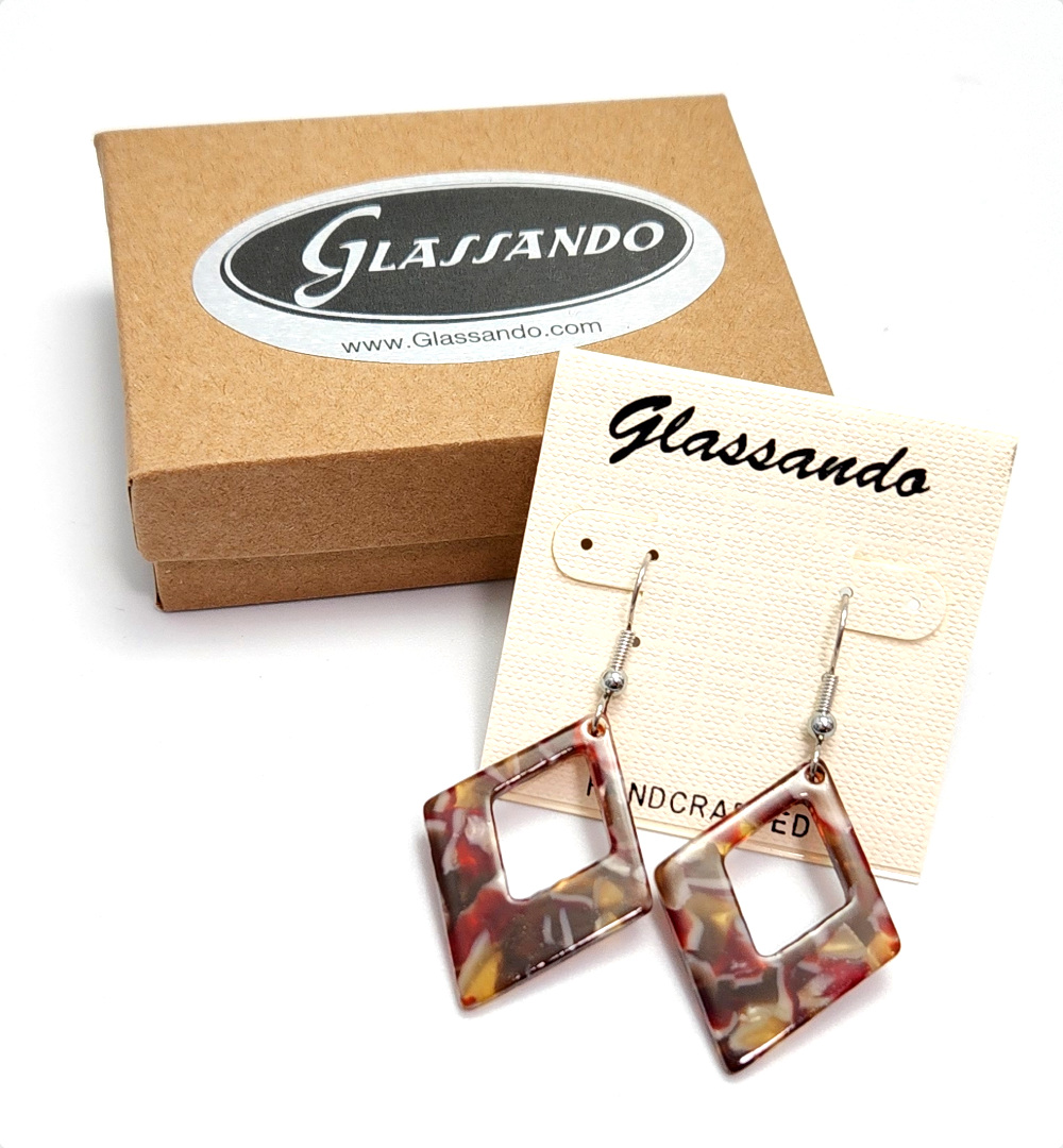 brown and red pointed drop earrings in resin and stainless steel