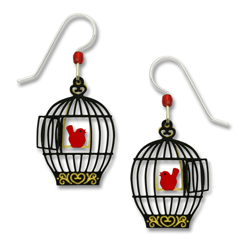 red bird in open birdcage earrings