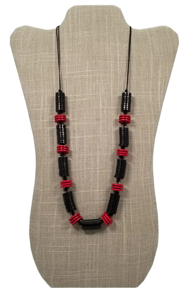 hand dyed red and black repurposed vintage button necklace