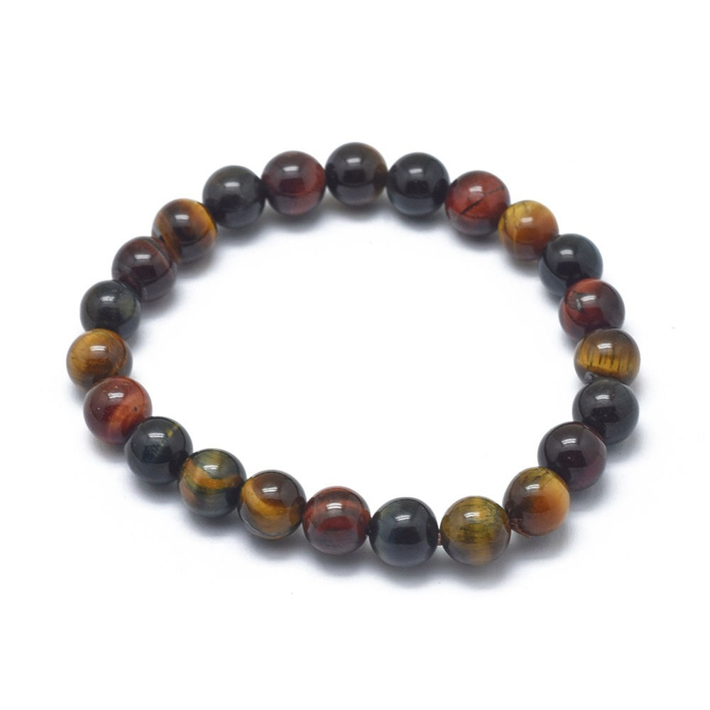 Brown, red cherry, and blue tiger's eye gemstone bead stretch bracelet
