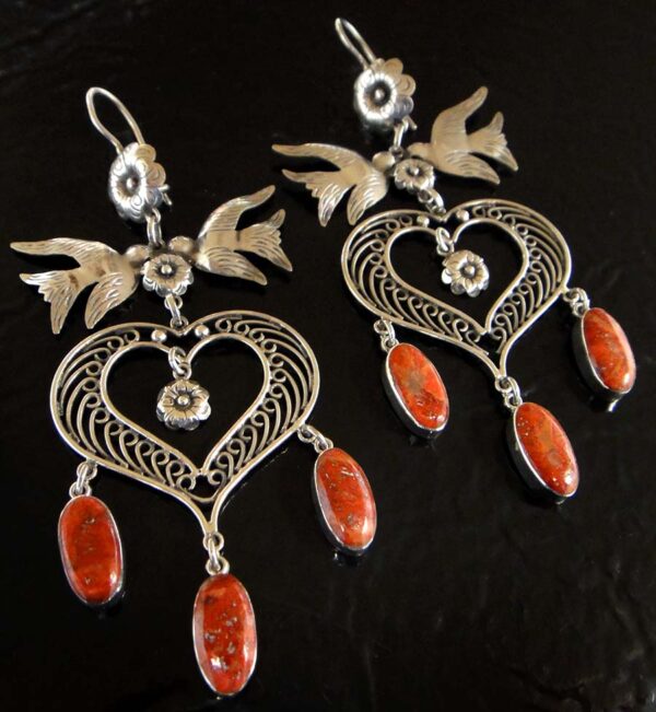 handmade large red coral and sterling silver earrings with birds