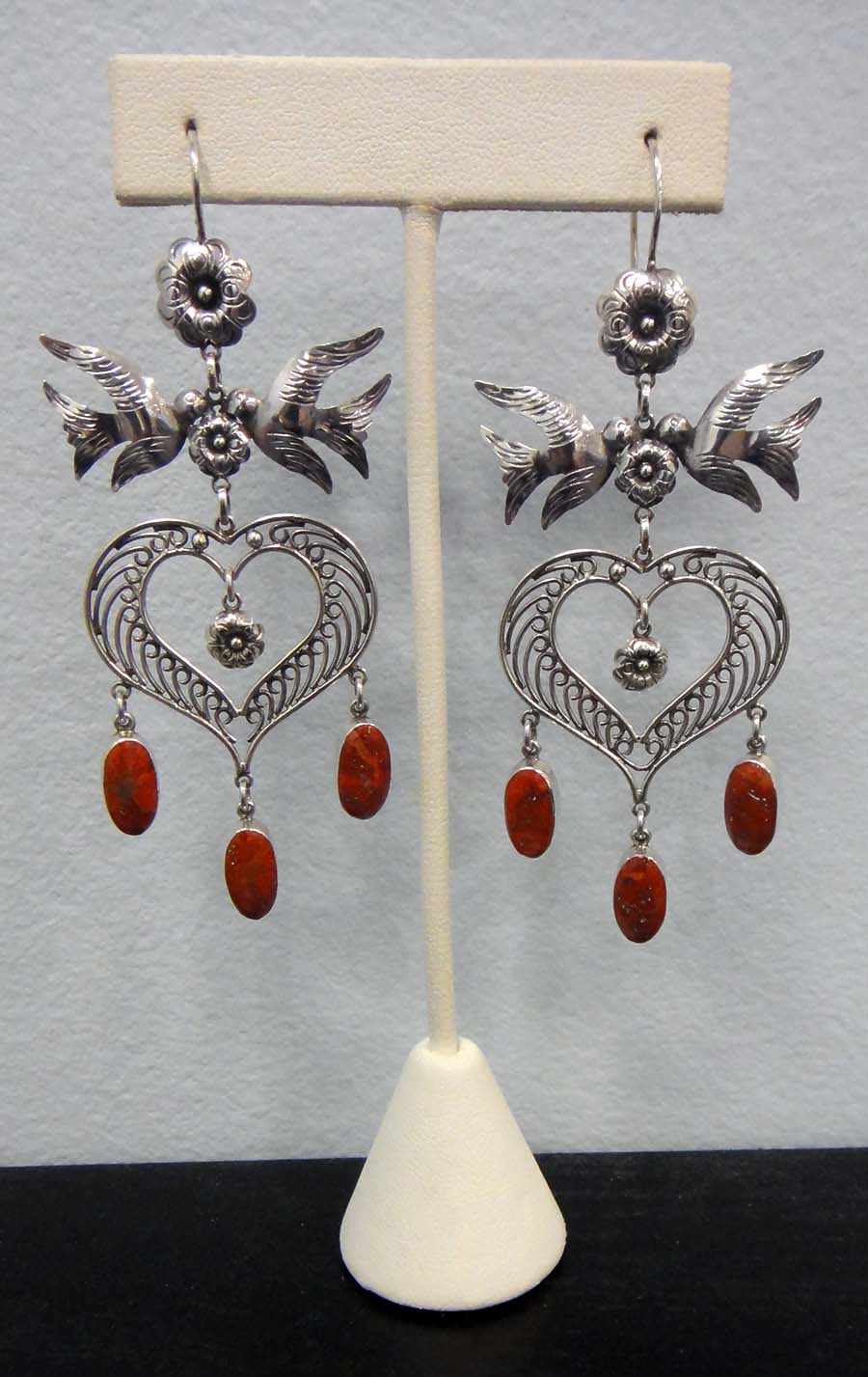 handmade red coral and sterling silver large statement bird earrings