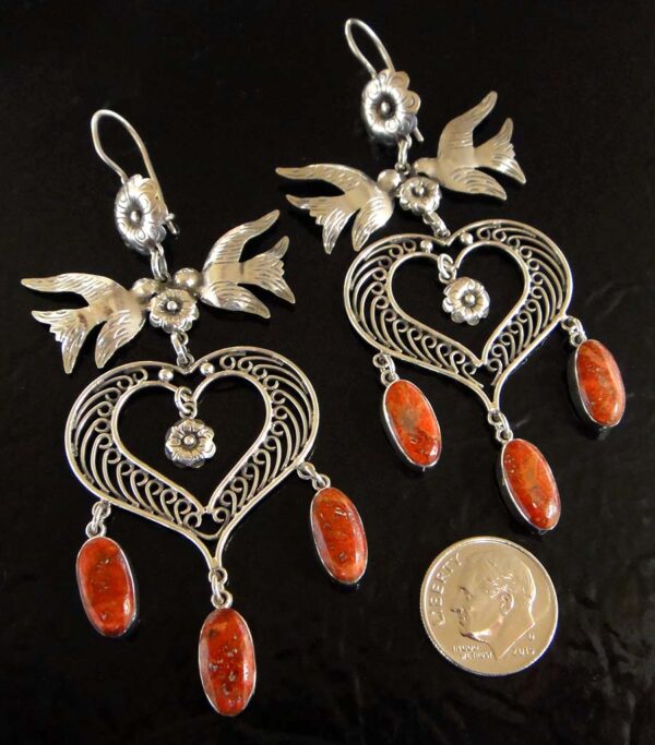 large red coral and sterling silver bird earrings with dime for size