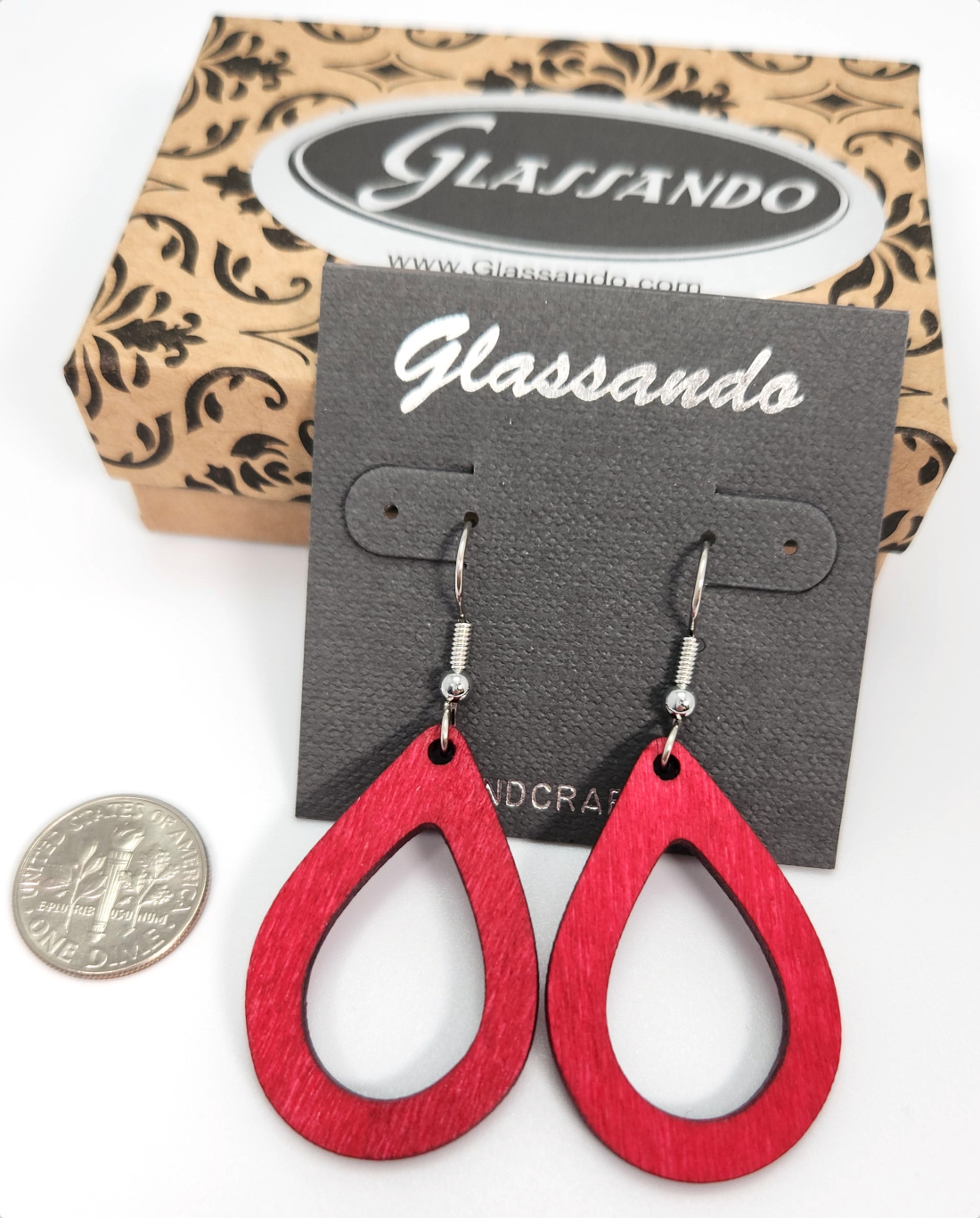 red wood drop earrings with dime for size comparison