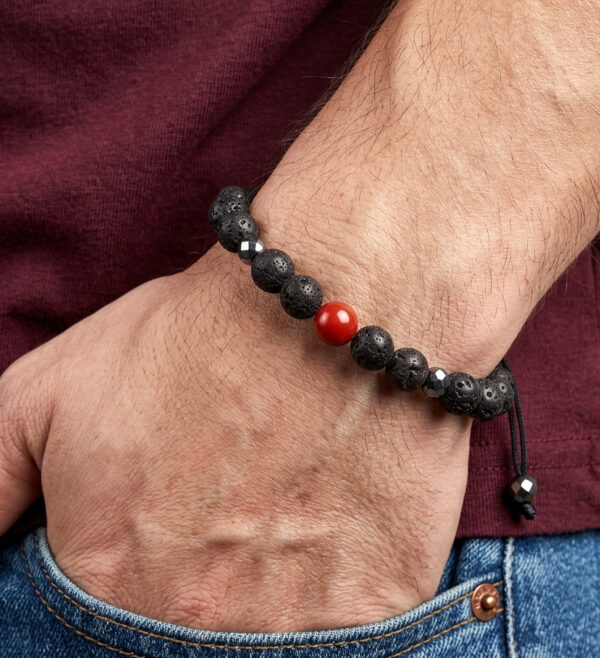 red jasper and lava rock bracelet on model