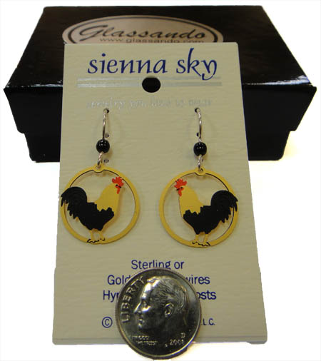 rooster earrings with dime to show scale