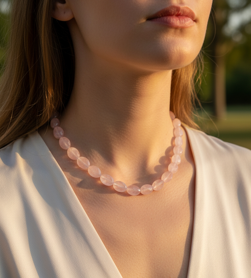 Rose quartz necklace on woman