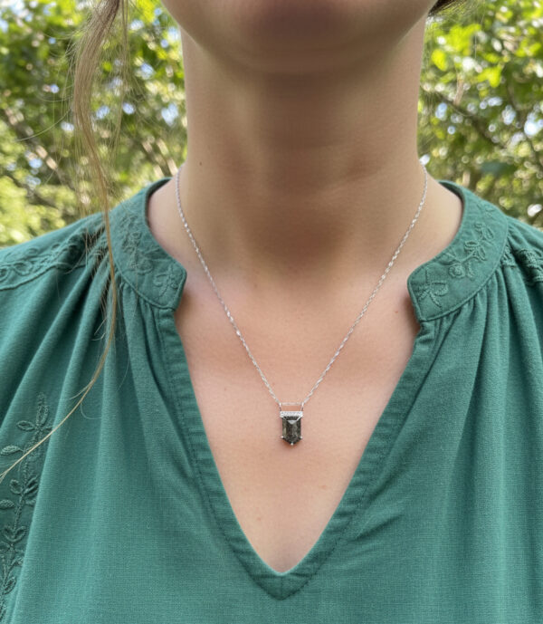 salt and pepper diamond necklace on woman