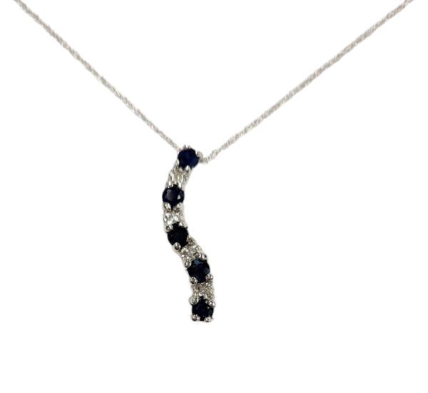sapphire, diamond, and white gold journey necklace