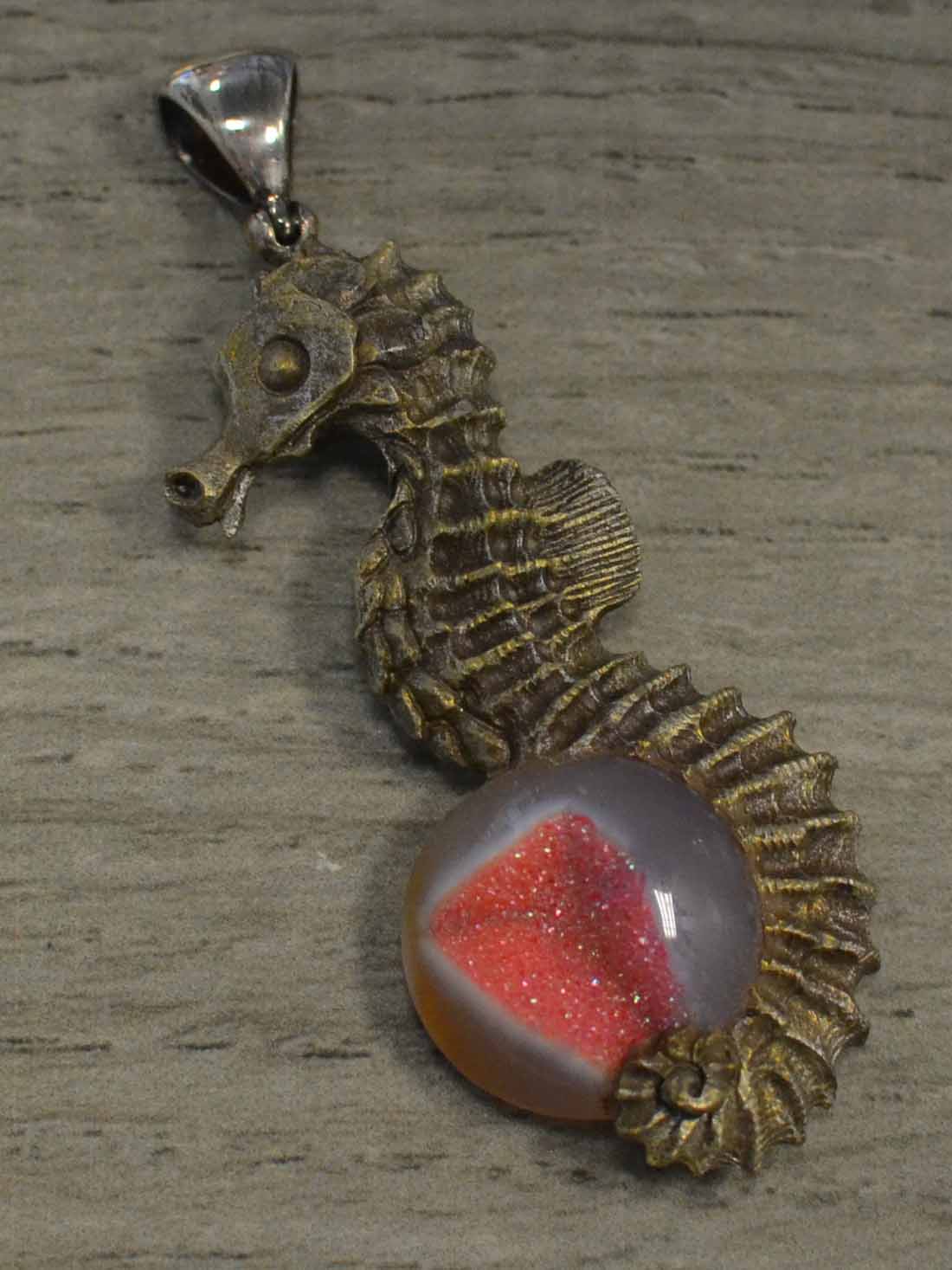 Seahorse with pink druzy pendant