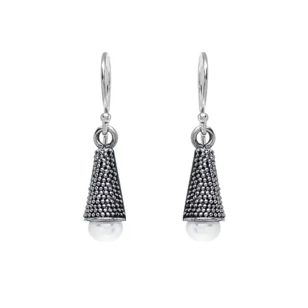Sterling silver cone and white fresh water pearl earrings
